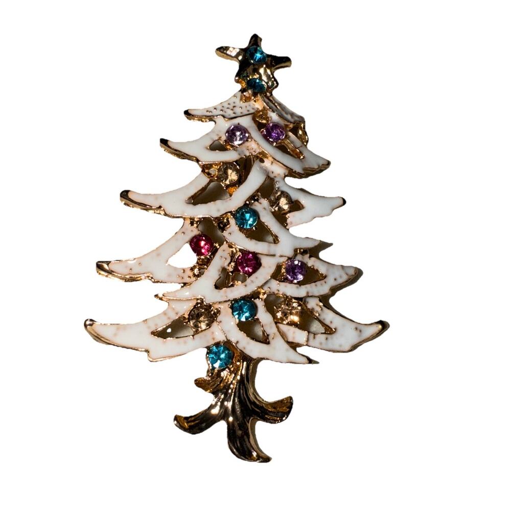NWT Fashion White Enamel Christmas Tree Crystal Accents 2" x 1 1/4" Brooch Pin